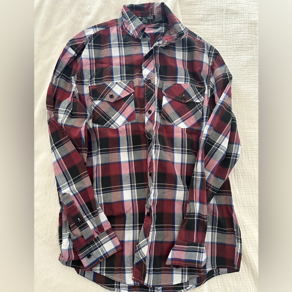 Casual Men's Plaid Button-Down Shirt - Burgundy and Black